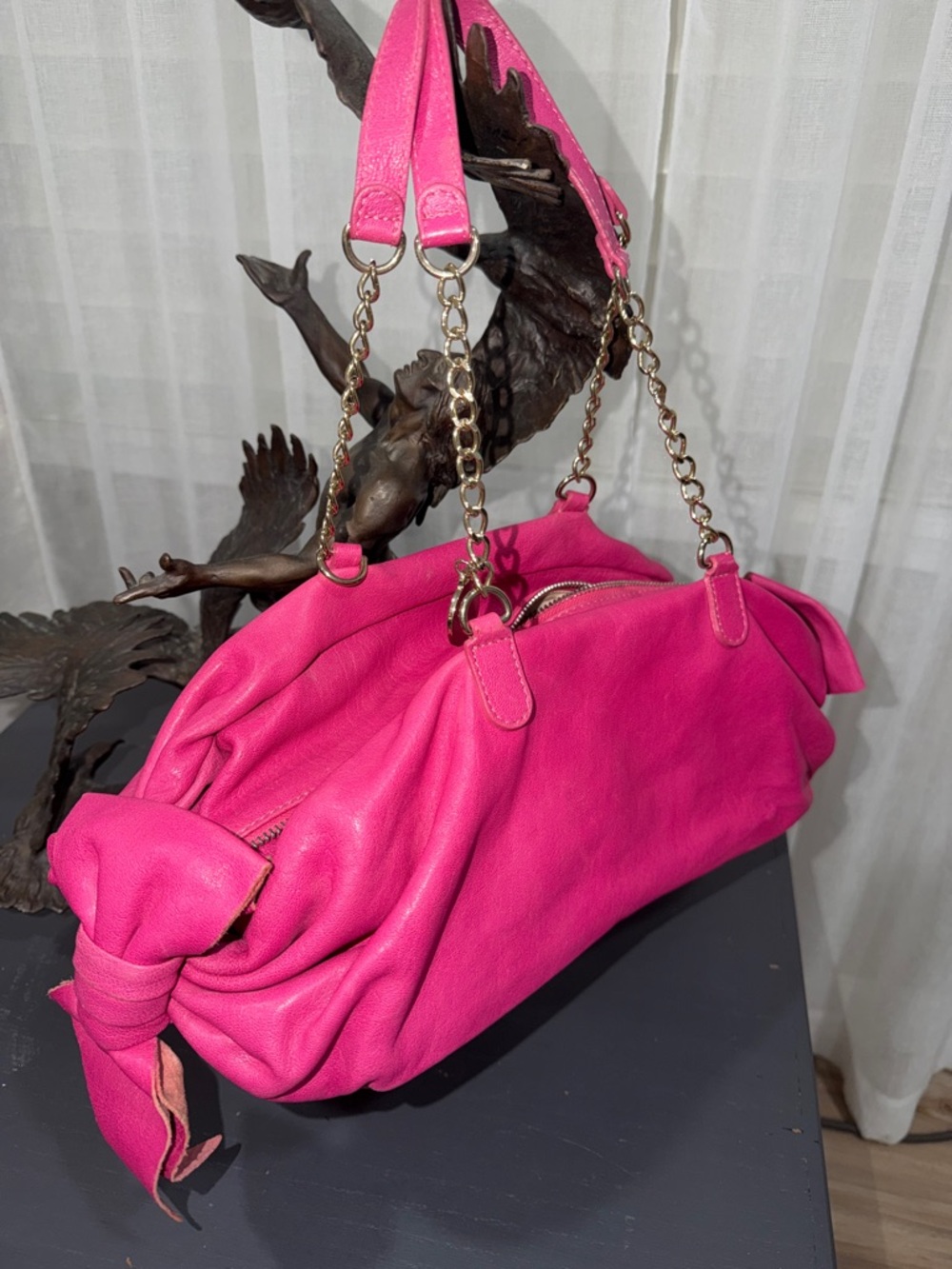 RED Valentino Fuchsia Leather Shoulder Bag with Gold Chain Straps